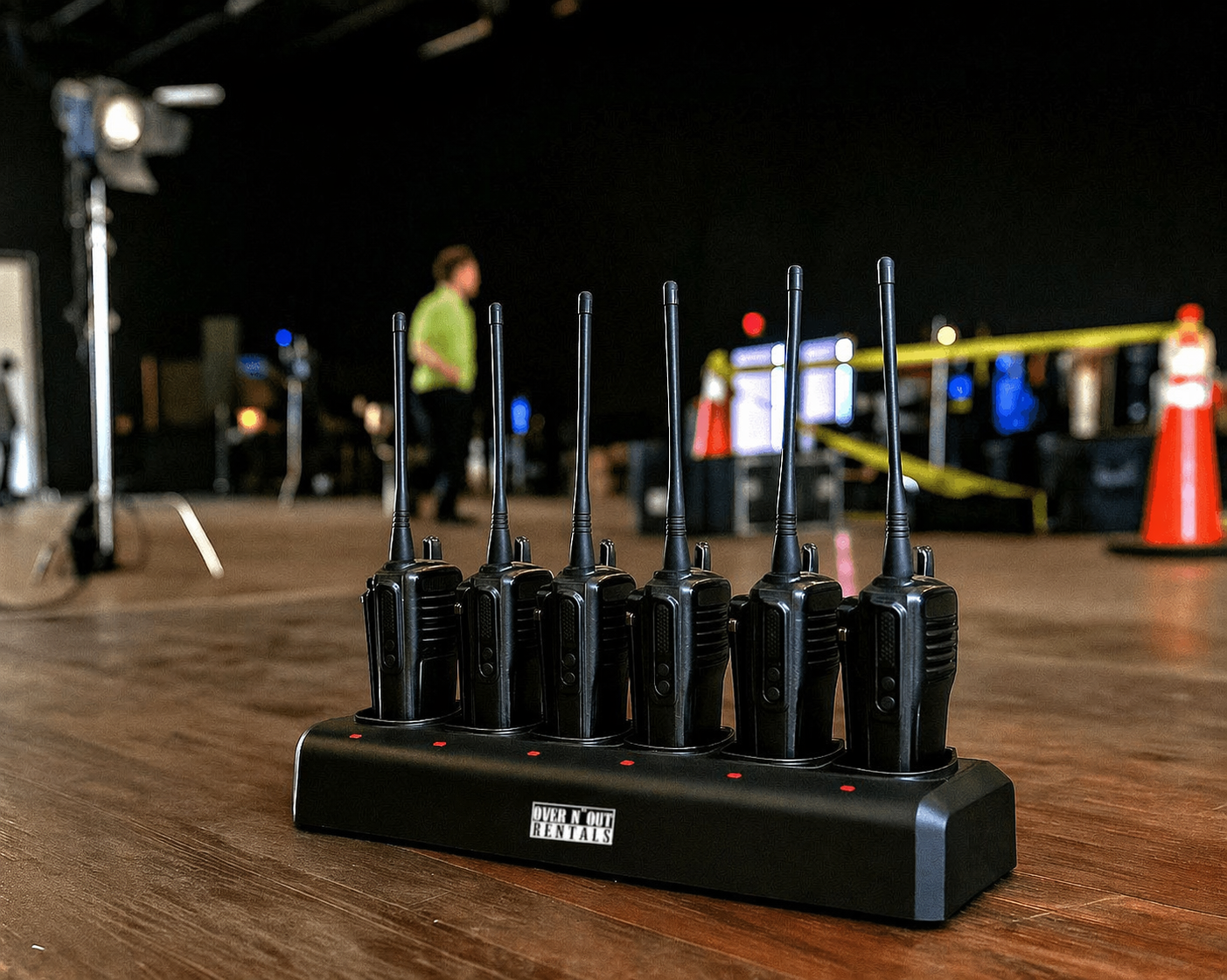 Walkie talkies charging in a production studio
